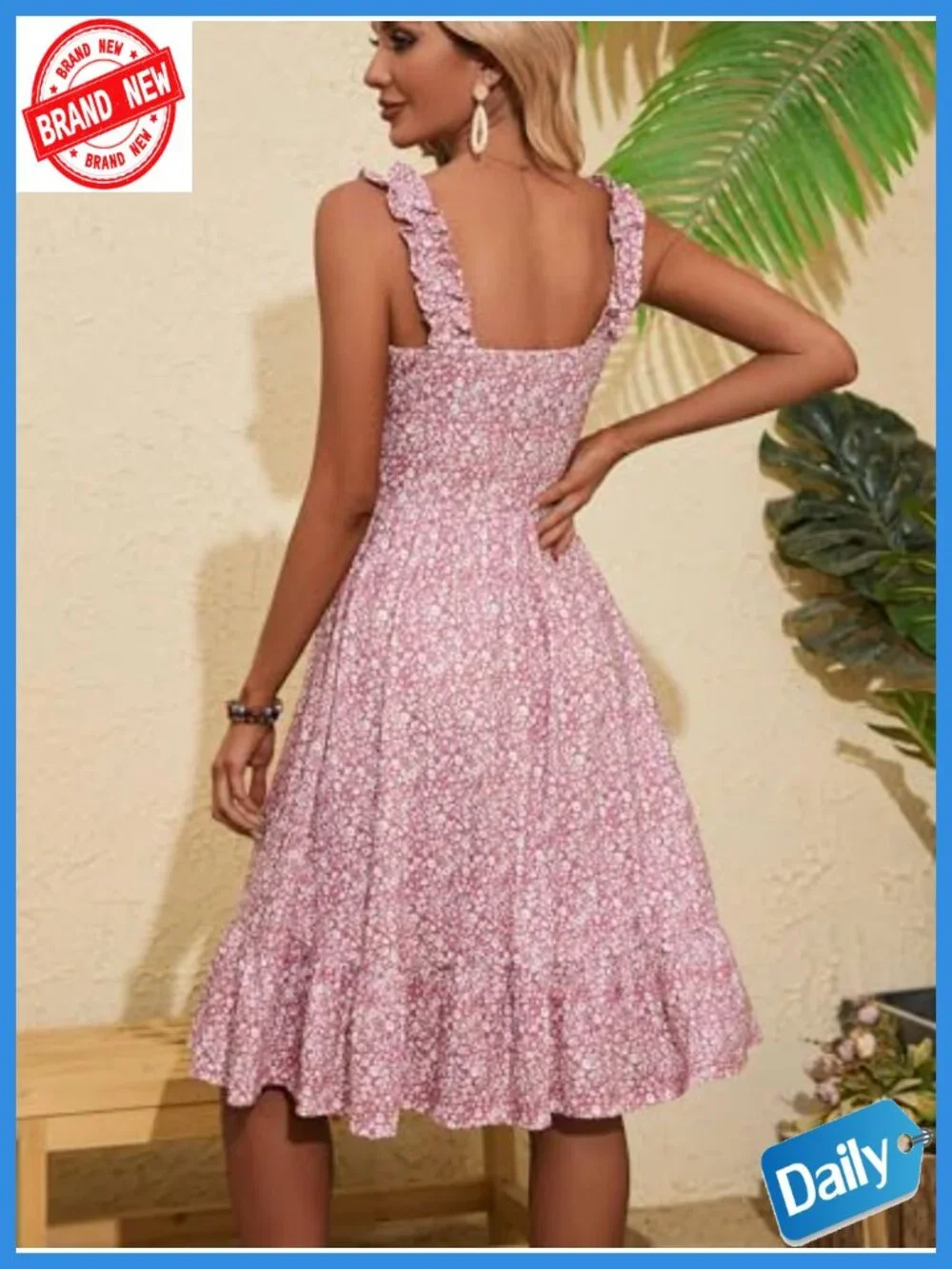 Womens Summer Midi Dress Square Neck Elastic Straps Floral Flowy A-Line Sundress